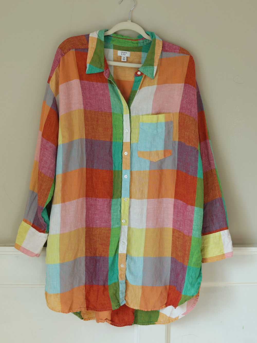 100% Linen crown & ivy Multicolor Plaid Button-Up 2X
